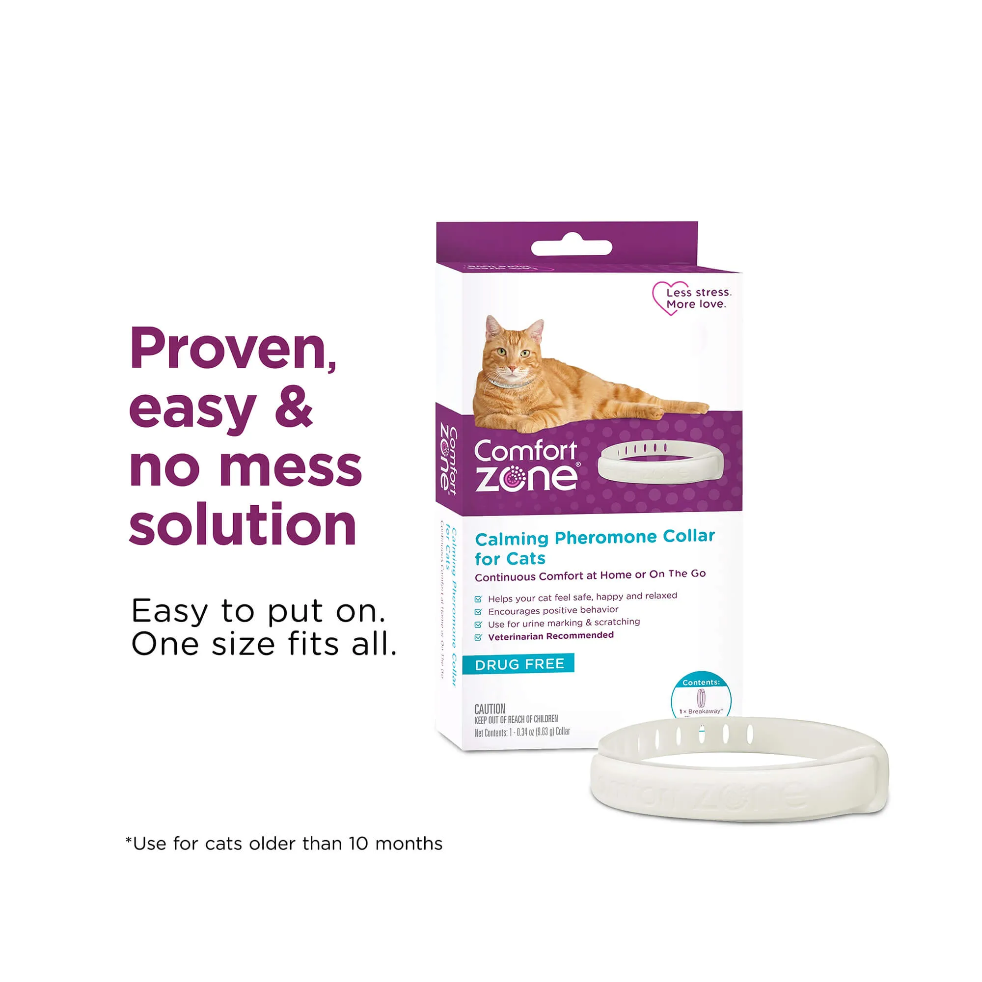 Comfort Zone Cat Calming Pheromone Collar, Anxiety & Stress Relief Aid, Breakaway Design, White