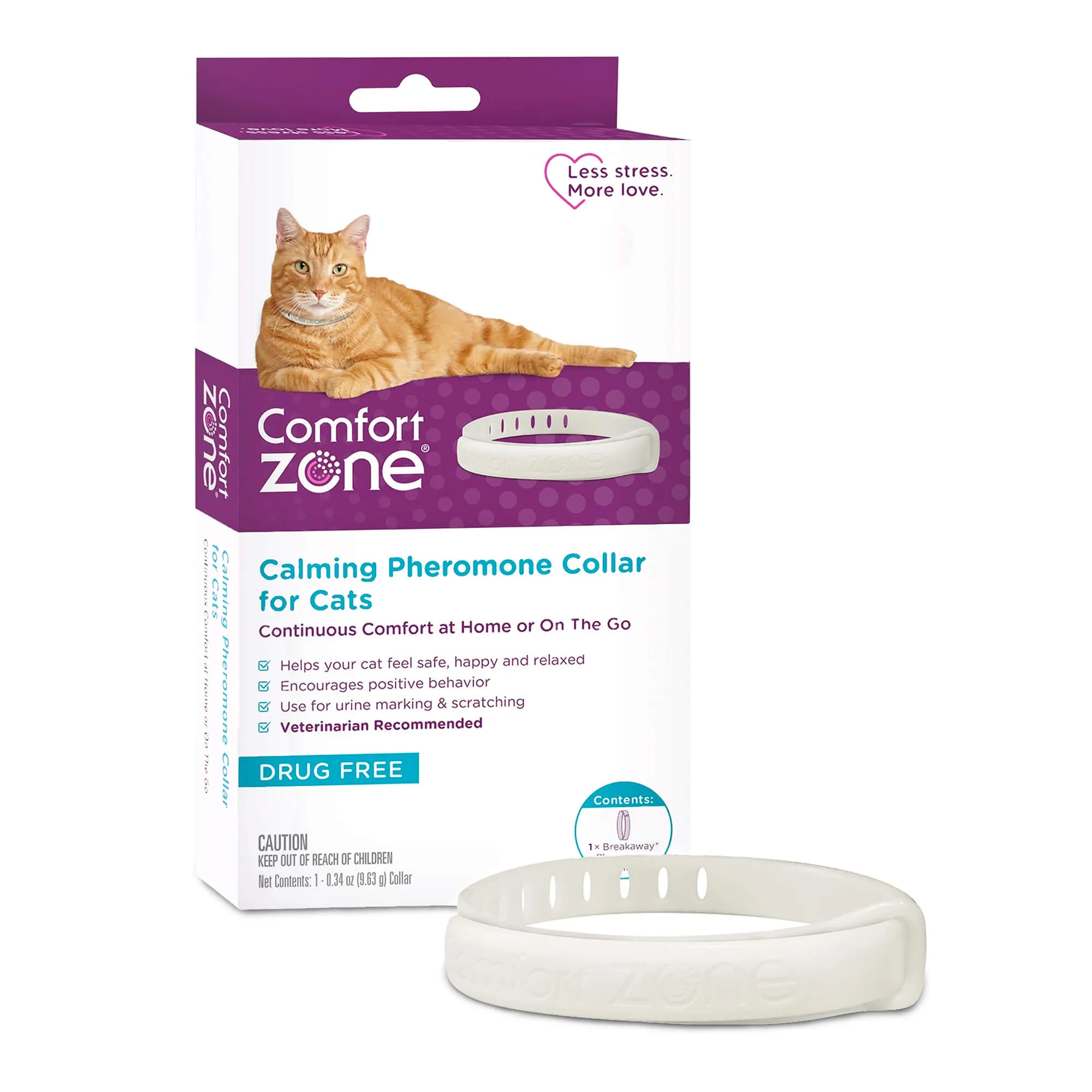 Comfort Zone Cat Calming Pheromone Collar, Anxiety & Stress Relief Aid, Breakaway Design, White