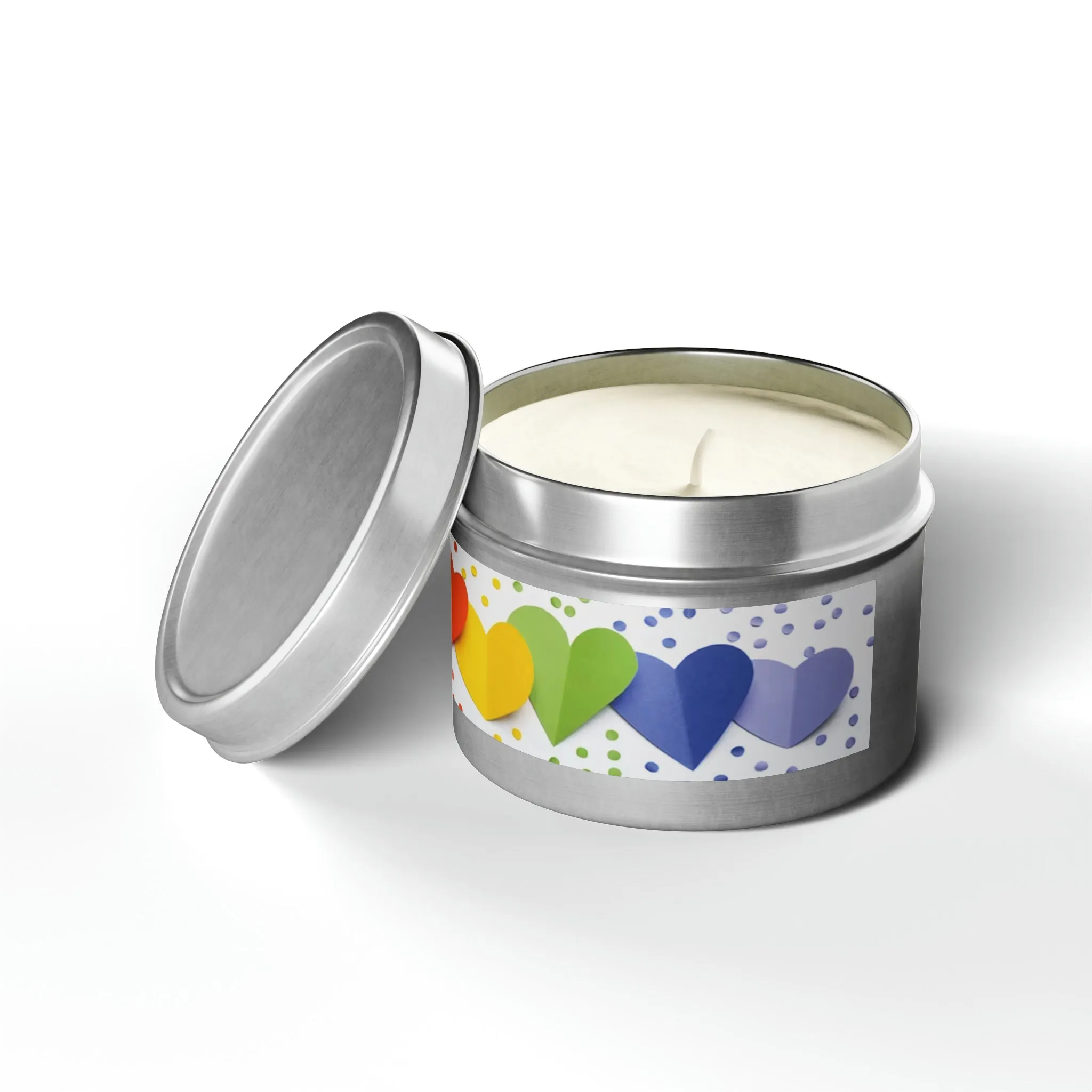 Gift Tin Scented Candle Rainbow Paper Hearts