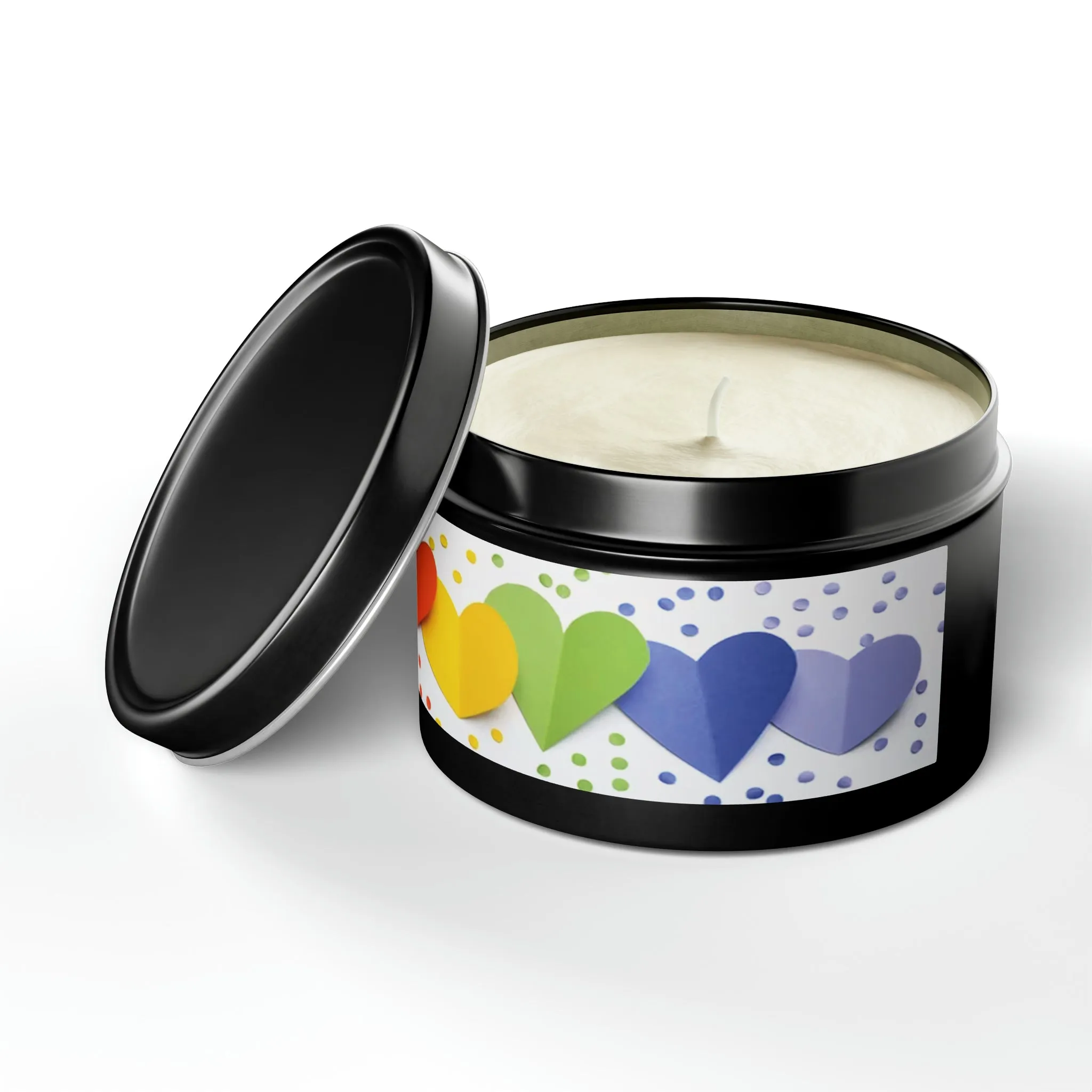 Gift Tin Scented Candle Rainbow Paper Hearts