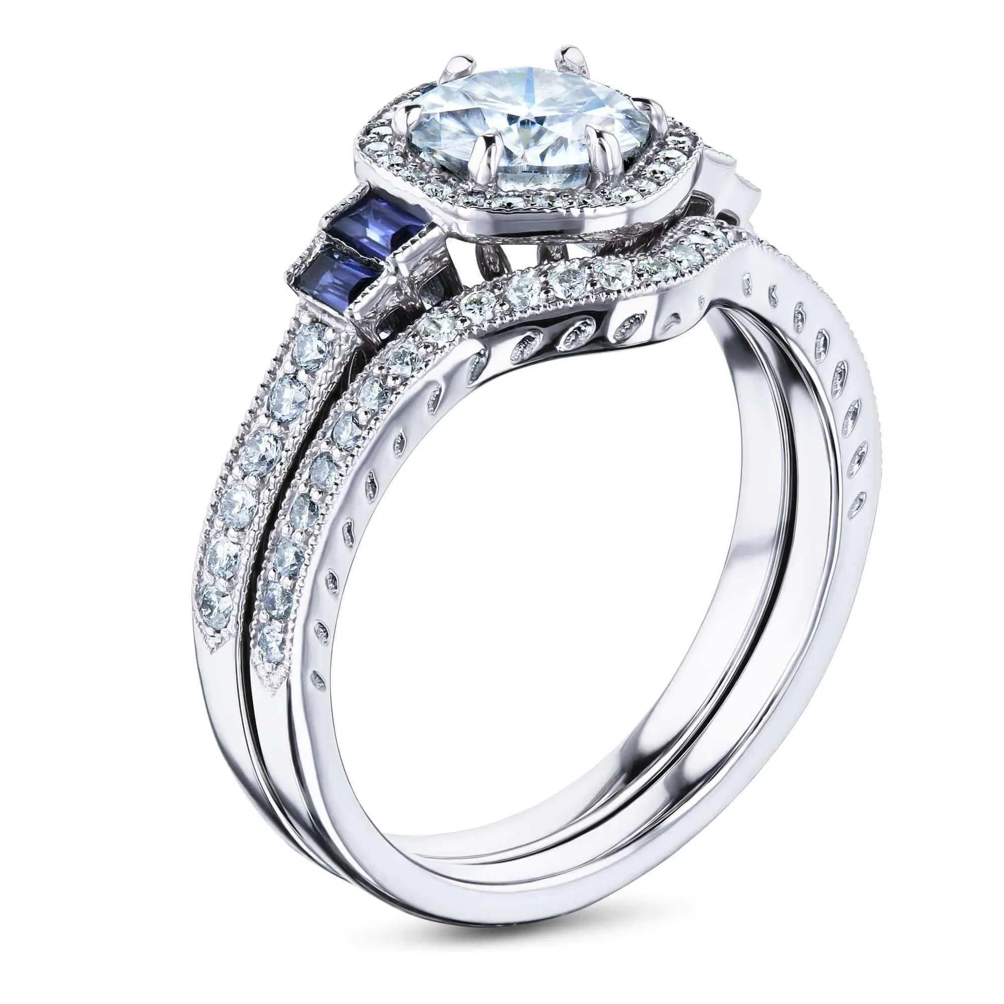 Hexagon Halo 1 Carat Natural Diamond & Sapphire Bridal Set (1-3/4ct.tw)