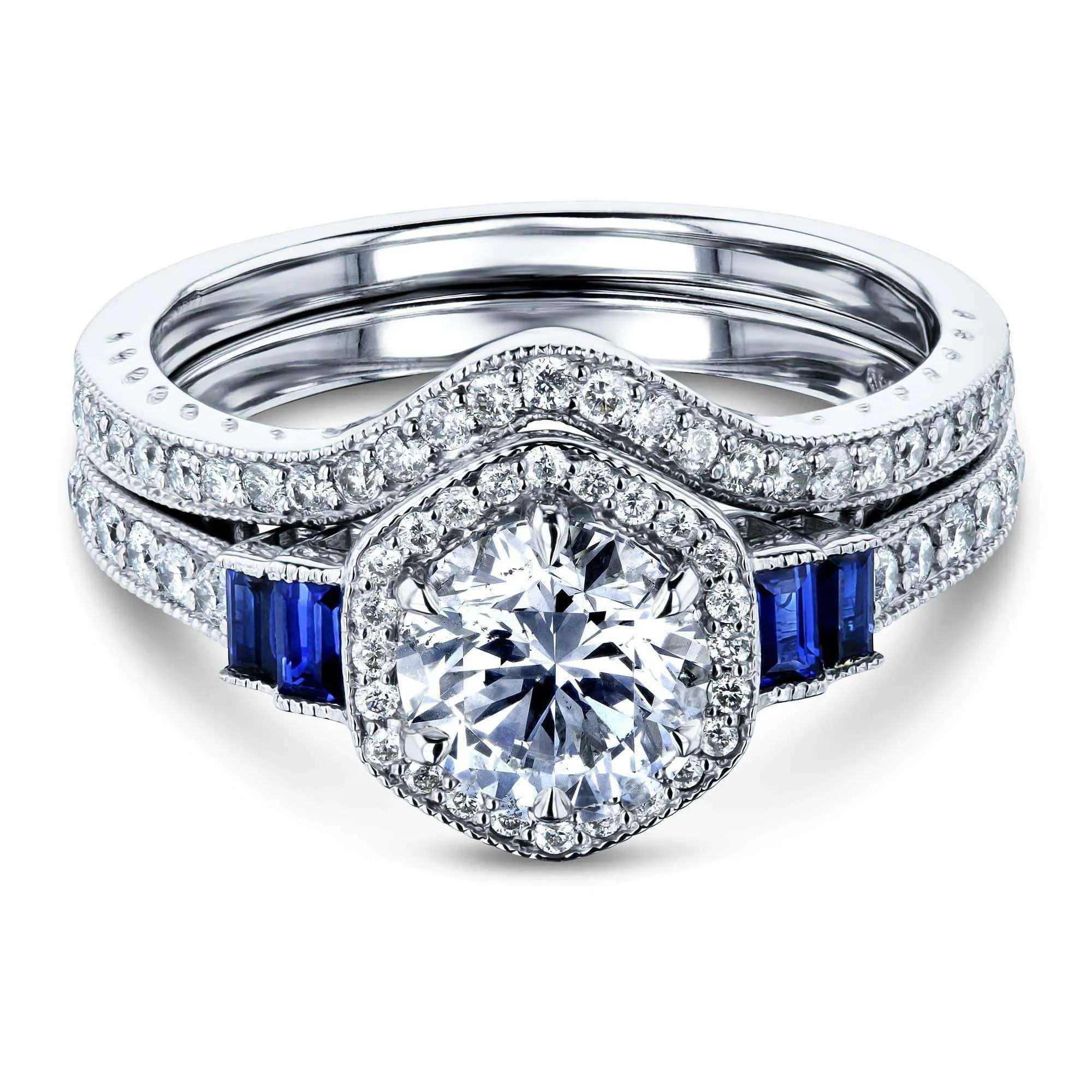 Hexagon Halo 1 Carat Natural Diamond & Sapphire Bridal Set (1-3/4ct.tw)