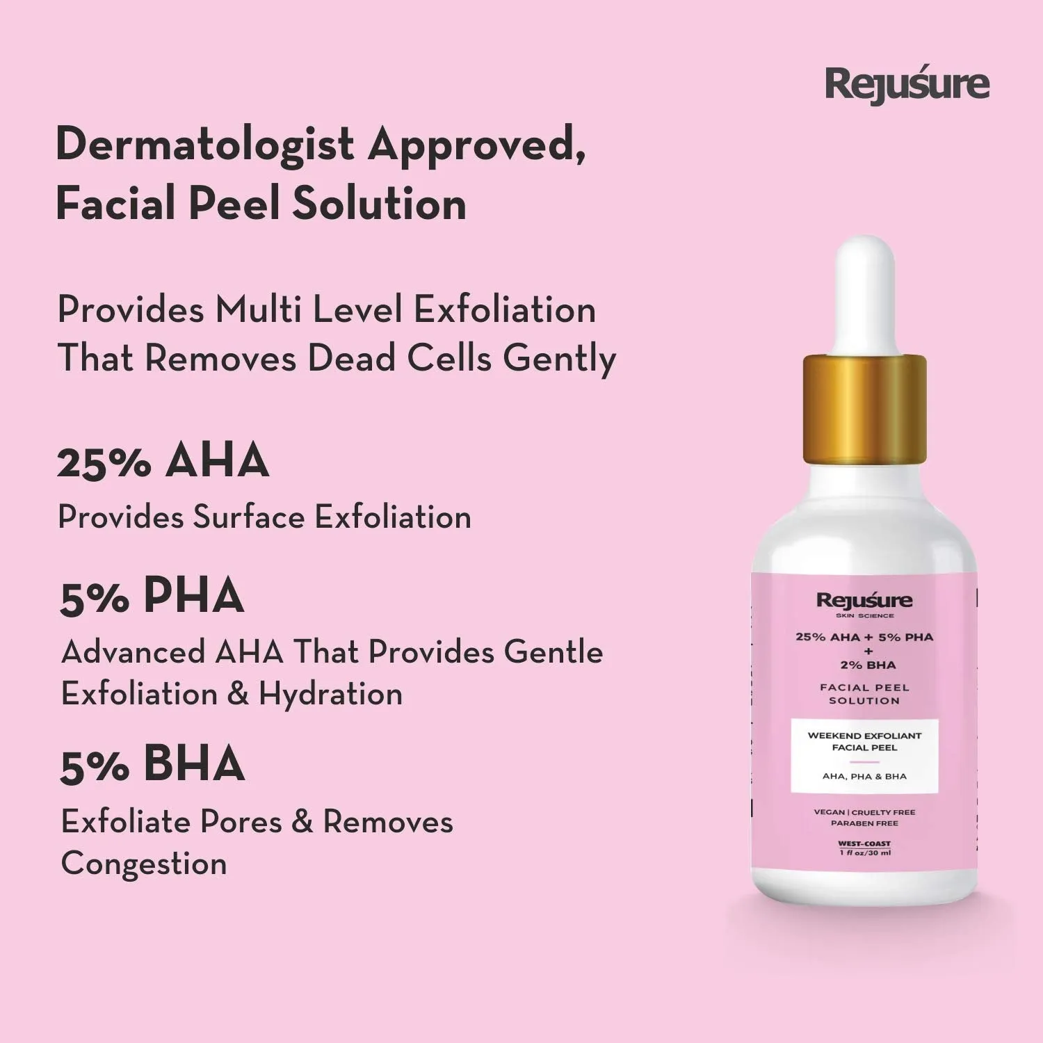 Rejusure AHA 25%   PHA 5%   BHA 2% Facial Peeling Solution for Glowing Skin, Smooth Texture & Pore Cleansing | Weekend Facial Exfoliant or Peel 30ml