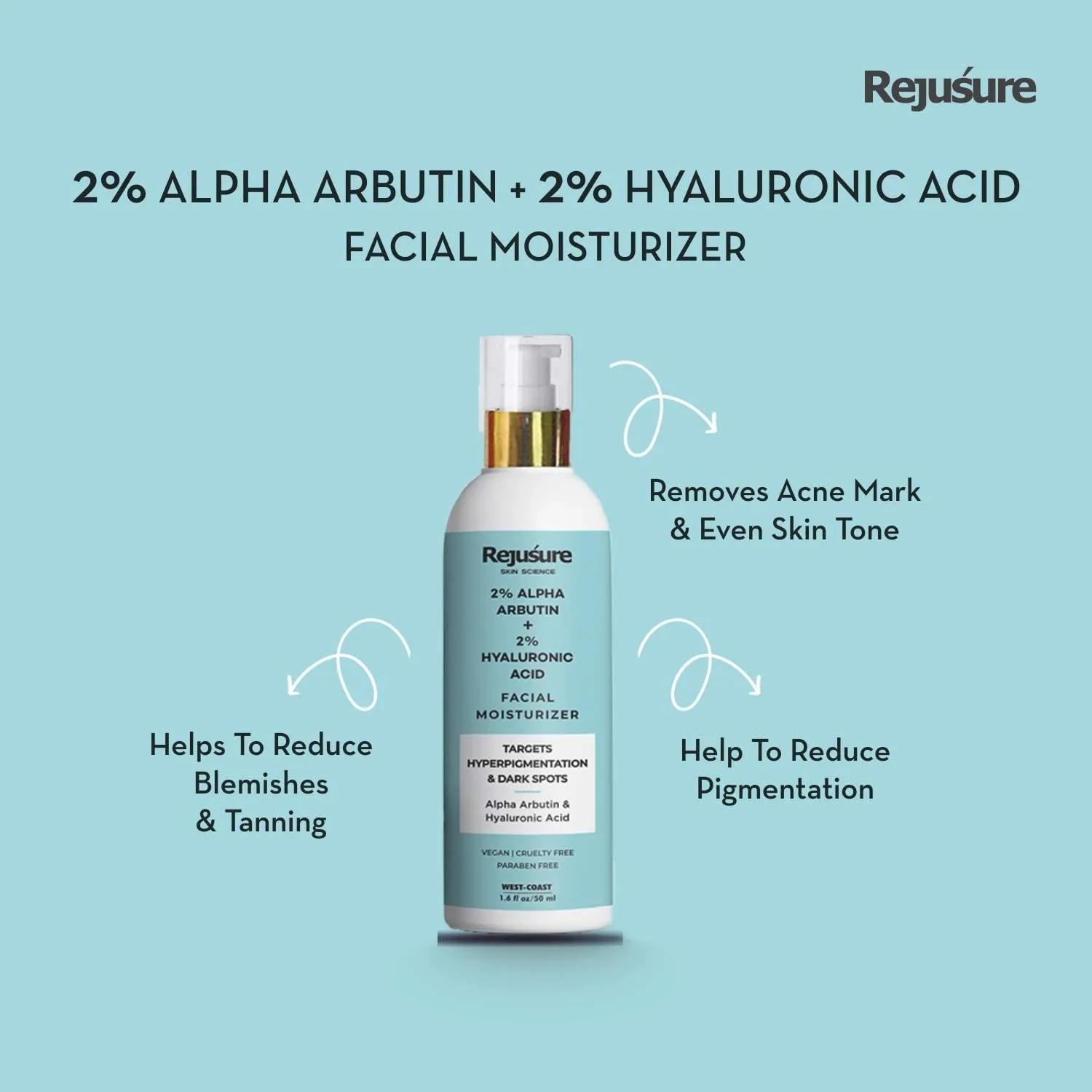 Rejusure Alpha Arbutin 2%   Hyaluronic Acid 2% Face Moisturizer - Minimizes Dark Spots and Hyperpigmentation, Sun Tanning, Blemishes, Acne Marks & Uneven Skin Tone | Skin Care - 50ml